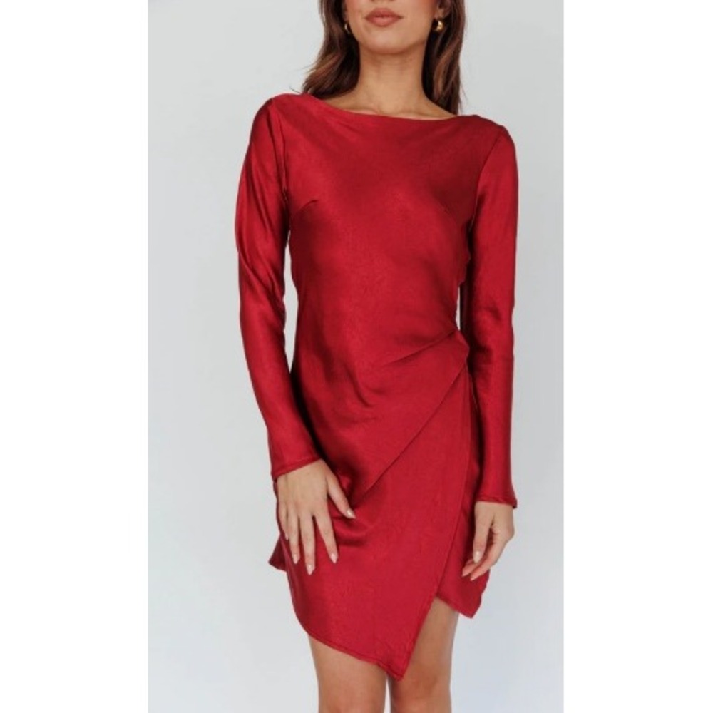 Saints + Secrets Red Satin‎ Long Sleeve Asymmetrical Wrap Mini Dress size M